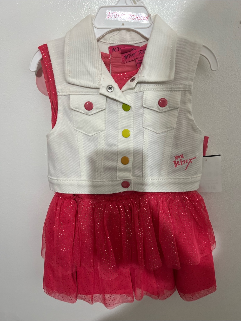 Betsey Johnson White Cropped Denim Vest with Hot Pink Tulle Dress